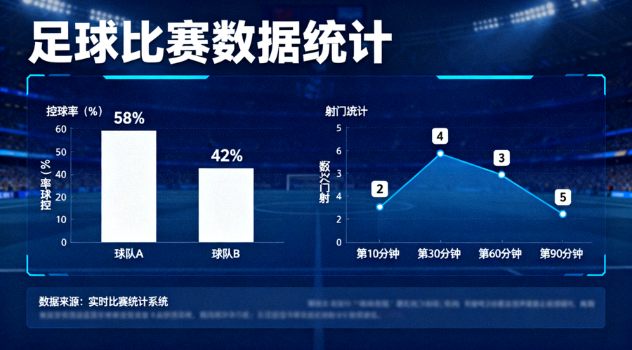 足球比赛数据分析界面，展示控球率与射门统计对比图表